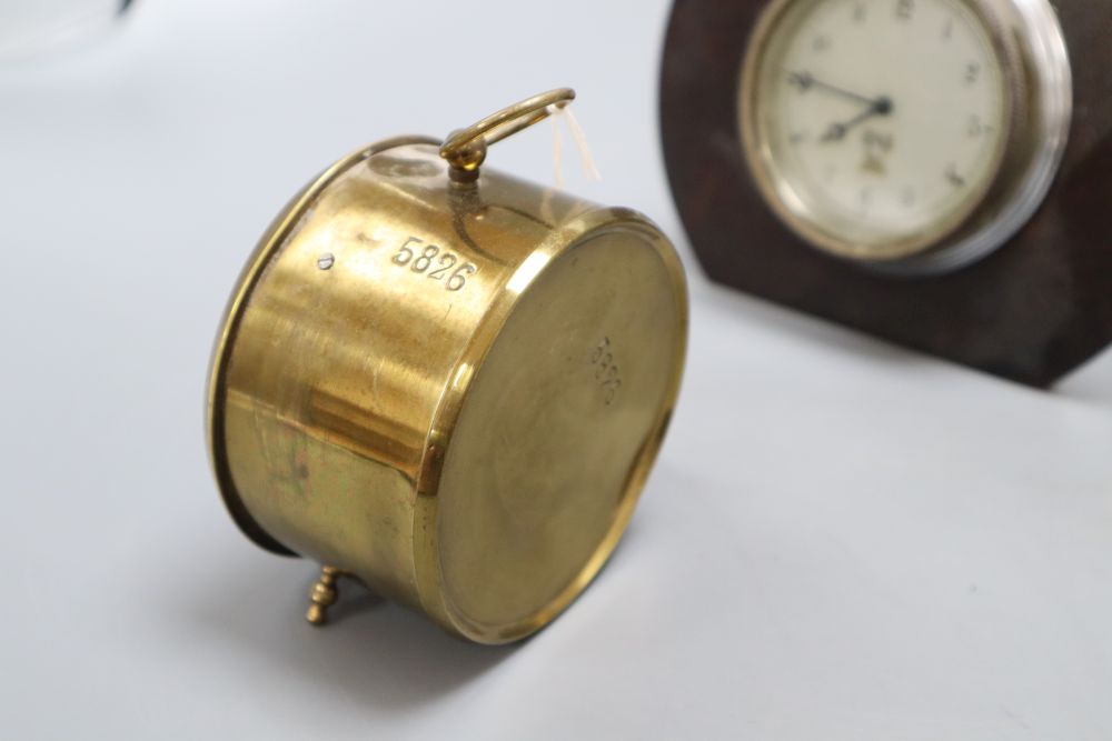 A brass GWR timepiece, a Smiths oak framed timepiece and a fusee clock movement
